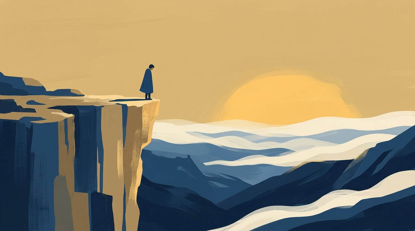 Illustration of a figure standing on a cliffside watching the sunset over mountains