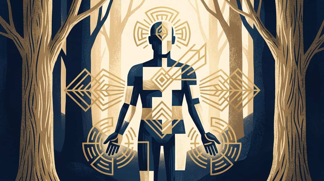 Illustration of a body with radiating symbols representing physical sensations