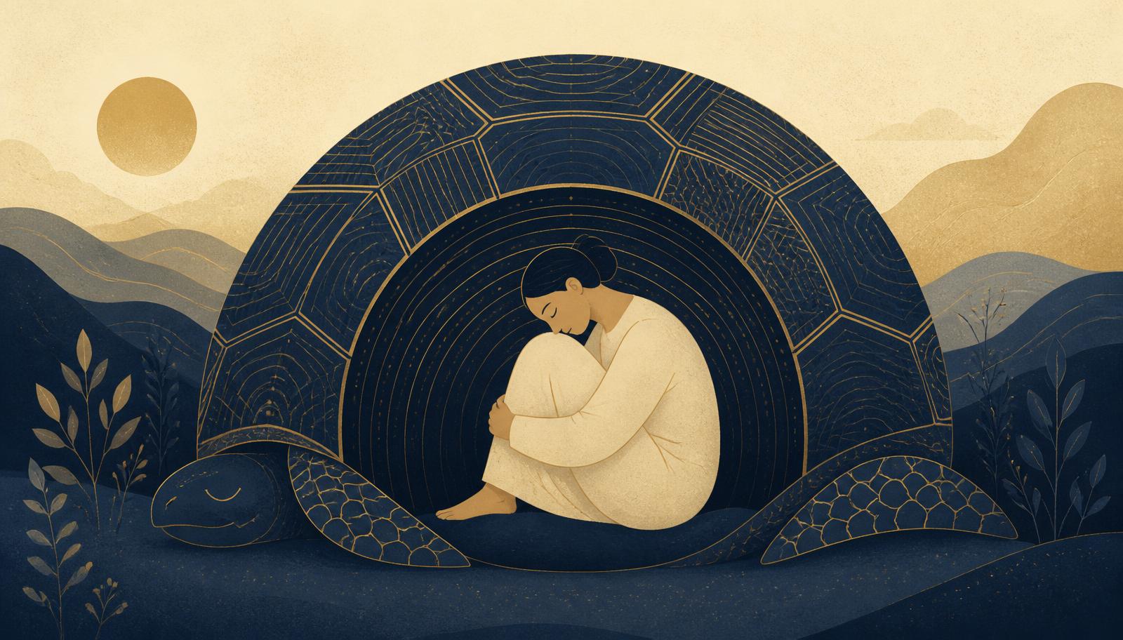 Illustration of a figure resting inside a large navy and gold turtle shell in a quiet landscape
