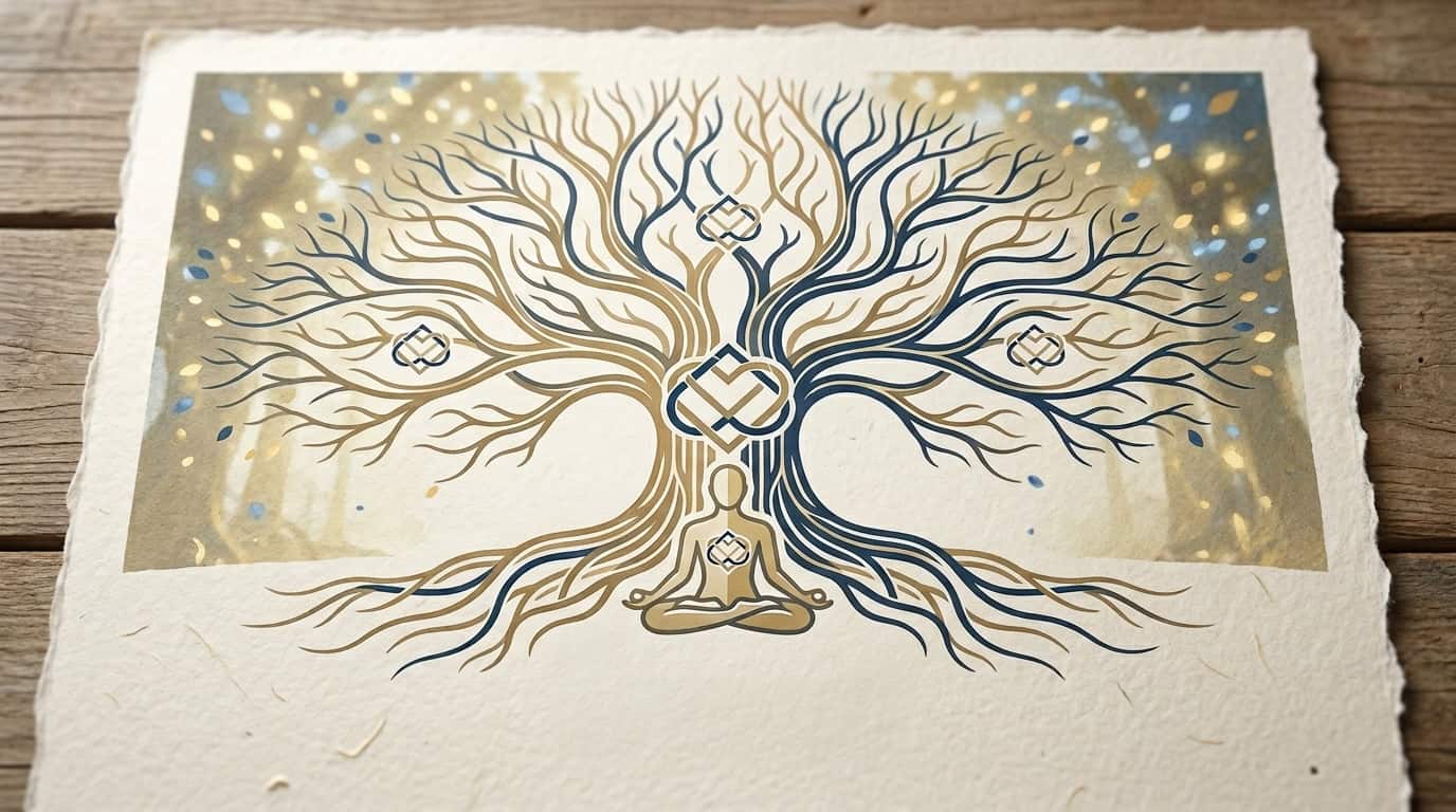 Illustration of a figure beneath a tree with deep roots
