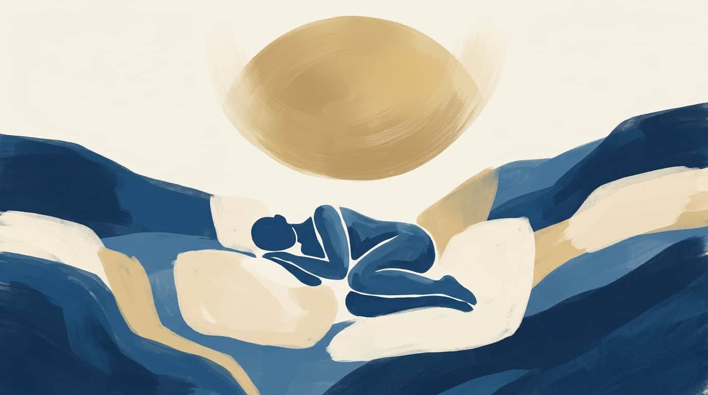 Illustration of a figure curled and resting beneath a warm sun
