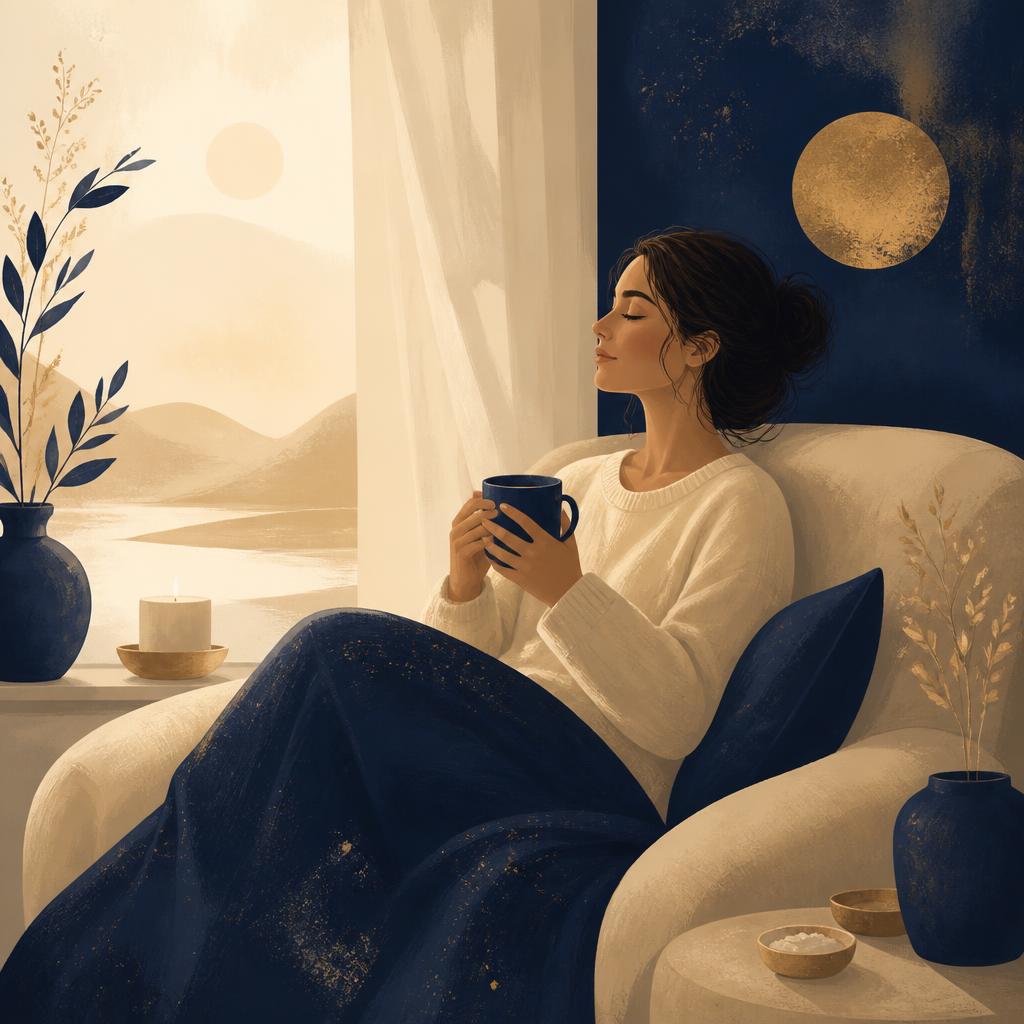 Illustration of a woman sitting peacefully with a cup by a window, wrapped in a deep navy blanket